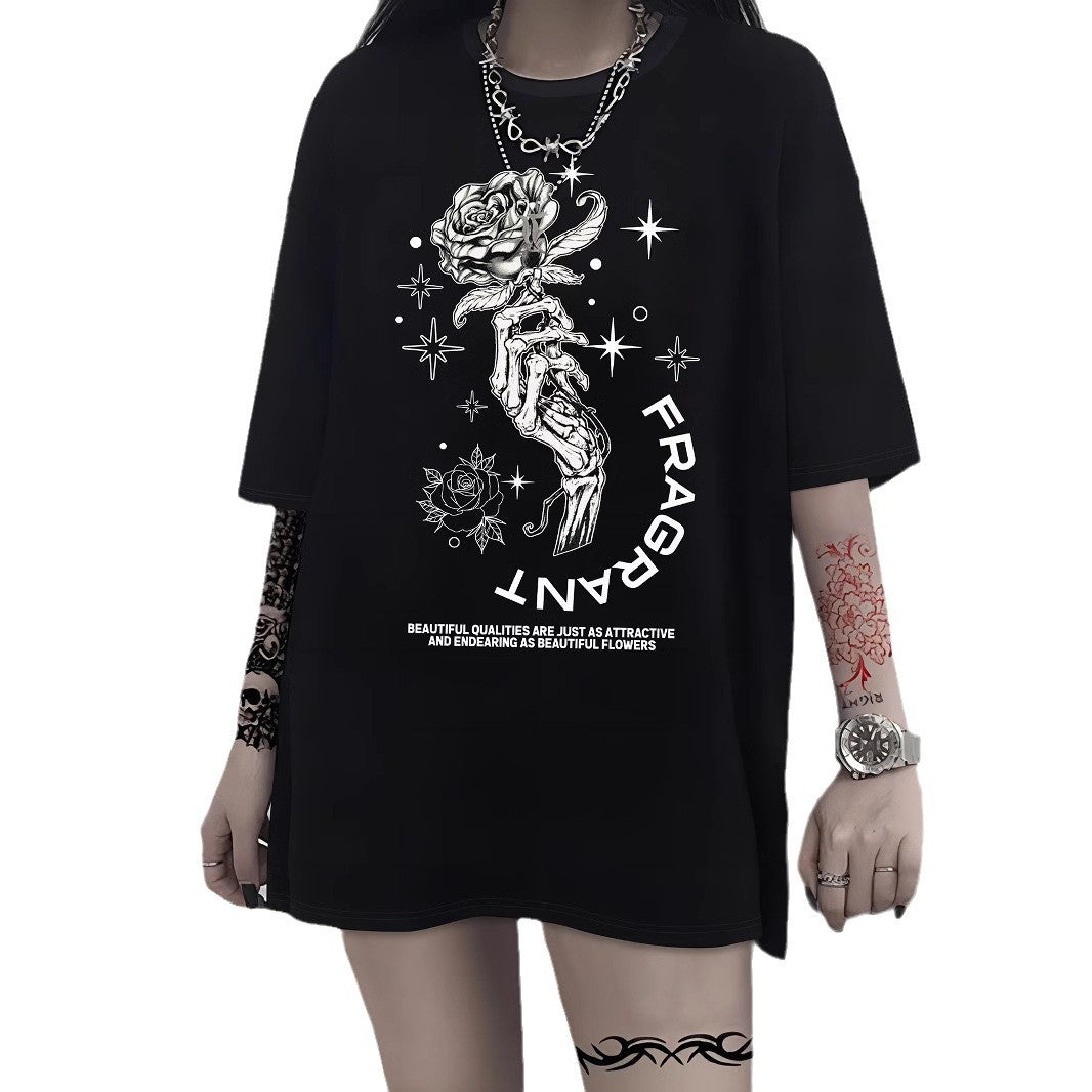 Damen T-Shirt mit künstlerischem Skelettmotiv und einzigartigem Druck R&B