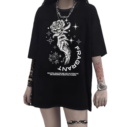 Damen T-Shirt mit künstlerischem Skelettmotiv und einzigartigem Druck R&B