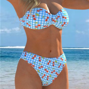 Damen Bandeau-Bikini mit verspieltem Karomuster und fruchtigem Print R&B