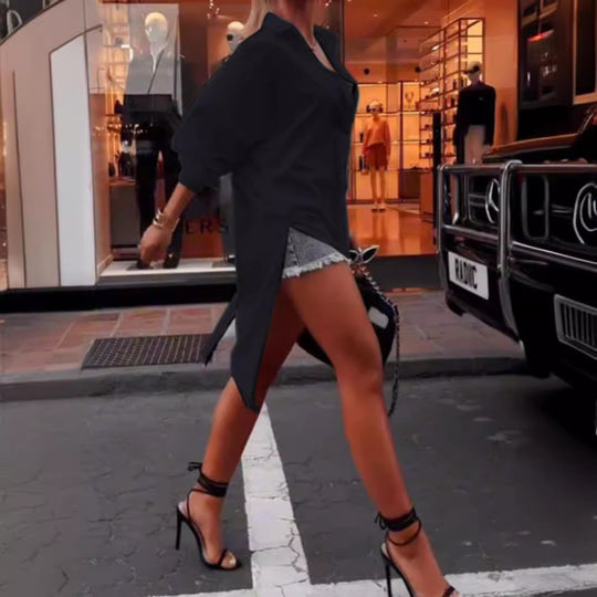 Damen nan weites Hemdkleid mit mittigem Rückenreißverschluss, geschlitztem Schwalbenschwanzsaum und halblangen Fledermausärmeln R&B