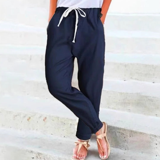 Damen nan leichte Leinenmix-Hose mit elastischem Bund, Kordelzug und konischer Knöchelpartie R&B