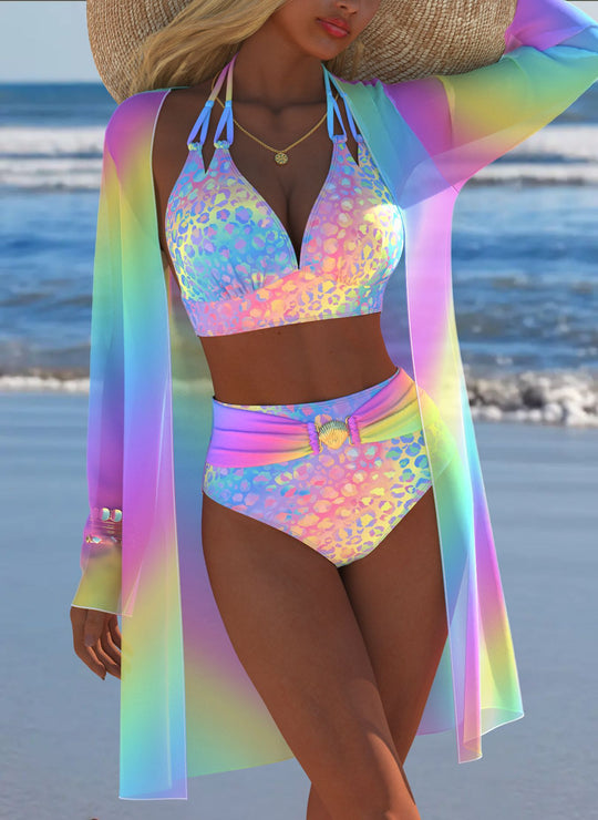 Damen Bikini-Set mit kreativem geometrischen Design und hohem Bund R&B