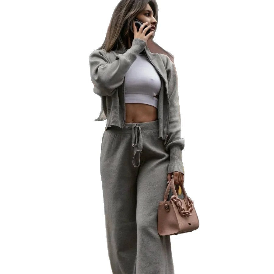 Damen nan gestricktes Loungewear-Zweiteiler mit kurzem Reißverschluss-Cardigan und weitem Highwaist-Hosenbein R&B