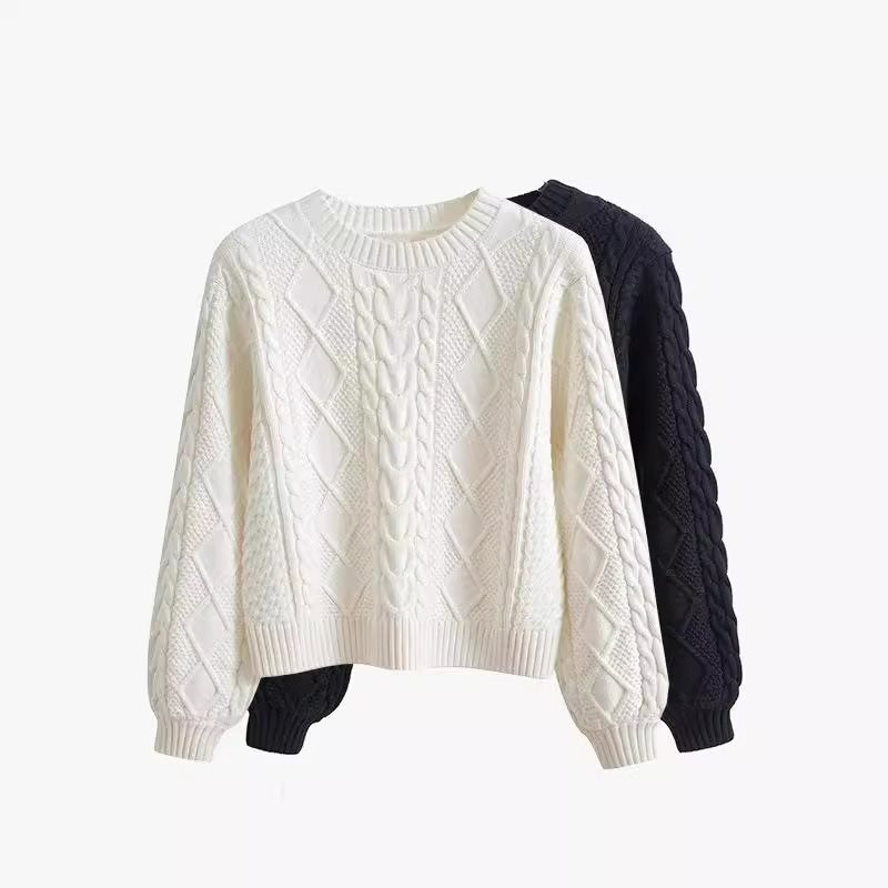 Damen Grobstrickpullover mit kreativem Zopfmuster und weit geschnittenen Ärmeln R&B