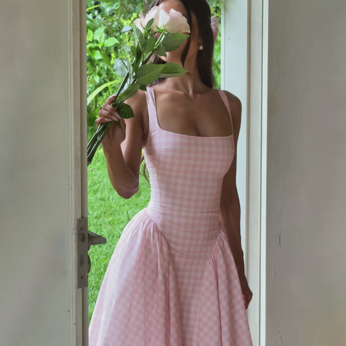 Damen Sommerliches Maxikleid mit Karo-Design und seitlichen Raffungselementen R&B