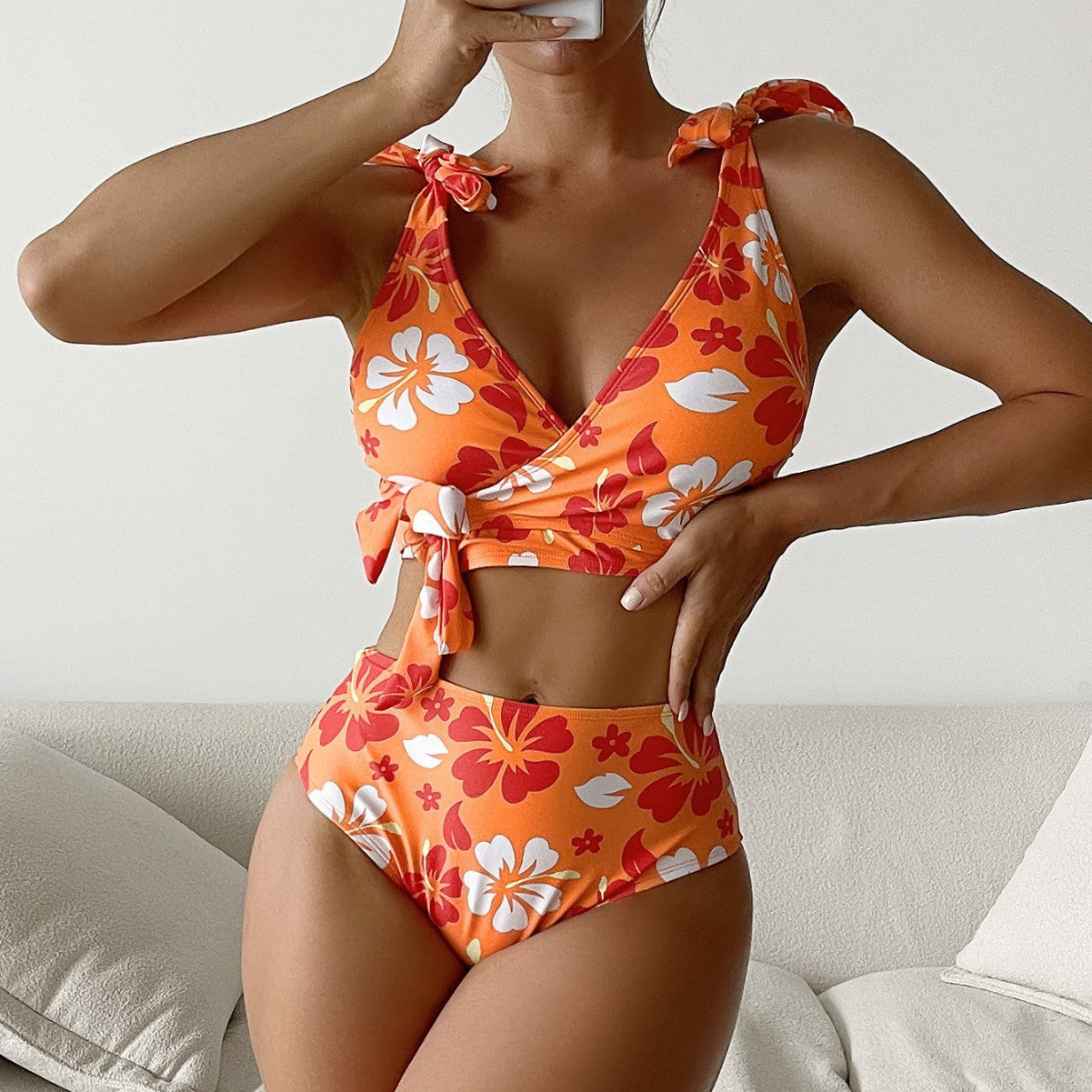 Damen Hochtaillierter Blumen-Bikini-Set R&B