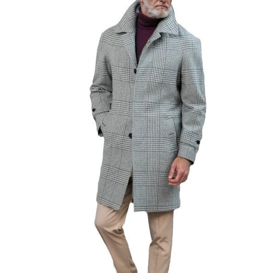 Herren eleganter Langmantel im karierten Design mit Taillengürtel und praktischen Taschen R&B