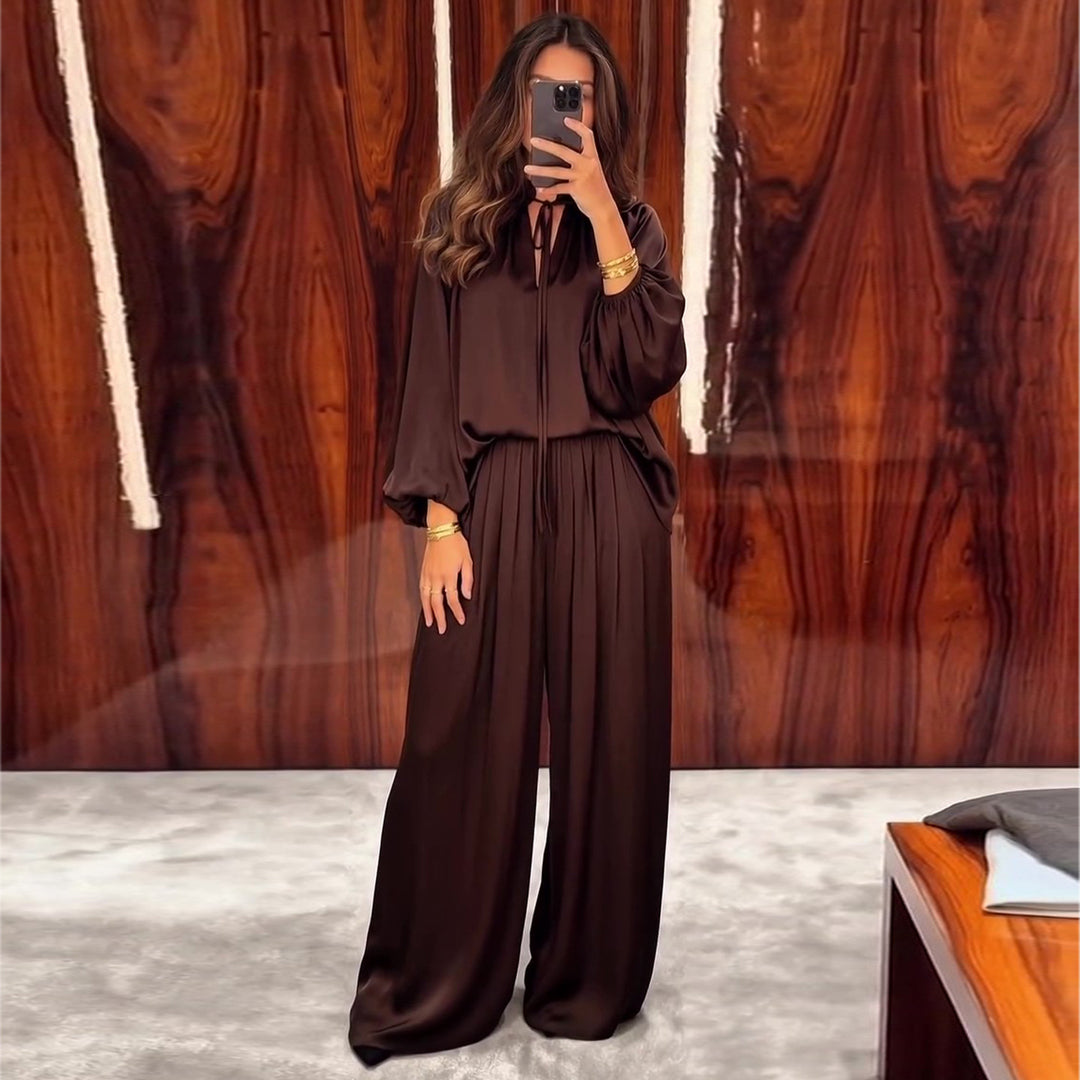 Damen elegantes Zweiteiler Set aus fließendem Material mit raffinierten Falten und weitem Schnitt R&B