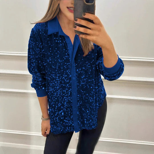 Damen Glitzernde Bluse aus Pailletten mit klassischem Kragen R&B