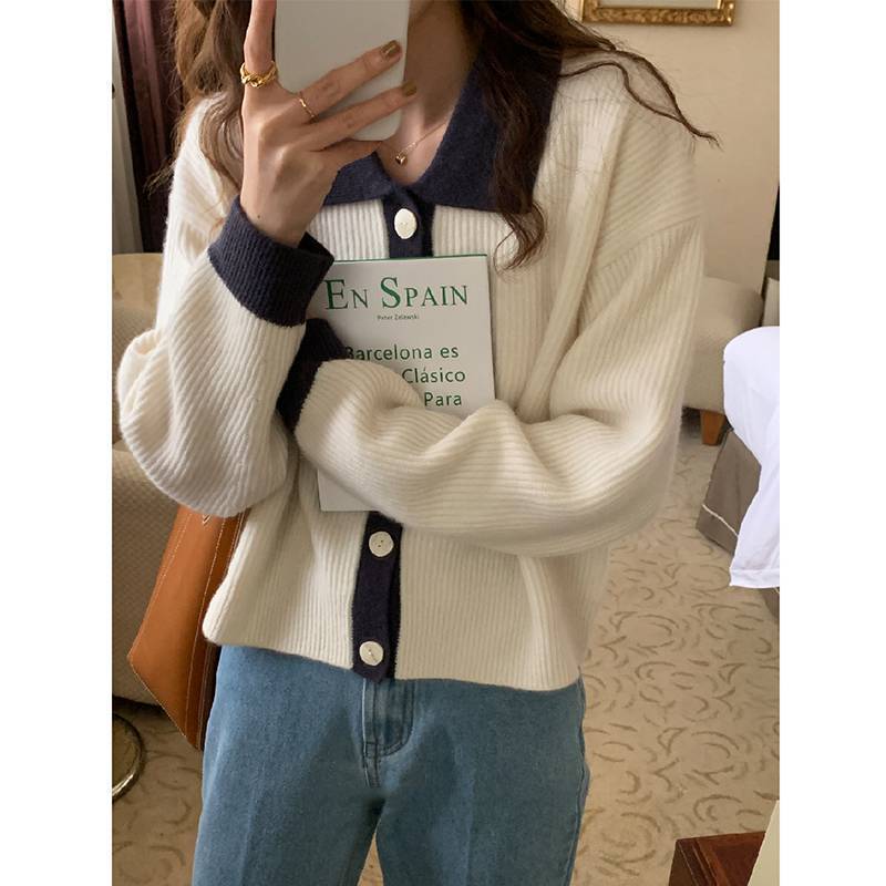 Damen Übergrößen Strickjacke mit kontrastierenden Kragen und Knopfdetail R&B