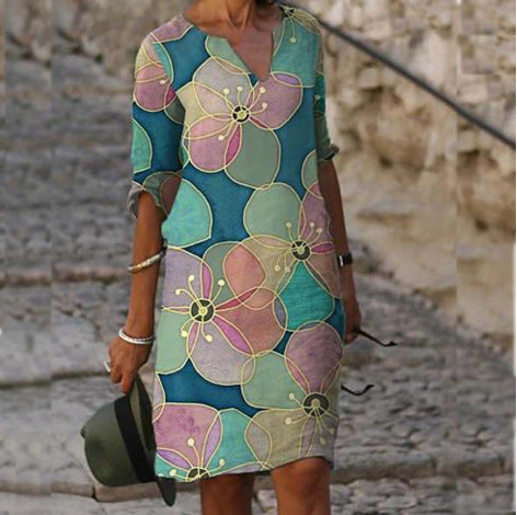 Damen luxuriöses V-Ausschnitt Kleid mit floralem Design und kurzem Ärmel R&B