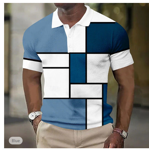 Herren nan kurzärmeliges Poloshirt mit geometrischem Blockmuster und feinem Strukturpiqué R&B