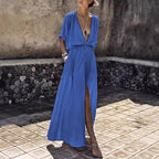 Damen Elegantes Maxikleid mit tiefem V-Ausschnitt und hohem Schlitz EB