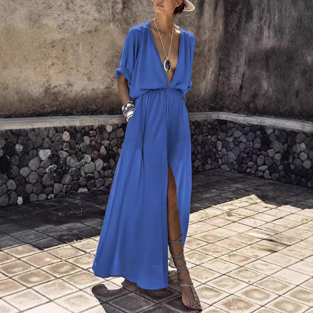 Damen Elegantes Maxikleid mit tiefem V-Ausschnitt und hohem Schlitz EB