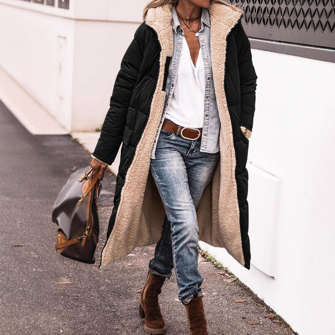Damen lange Steppjacke mit kuscheligem Teddyfutter und großem Revers R&B