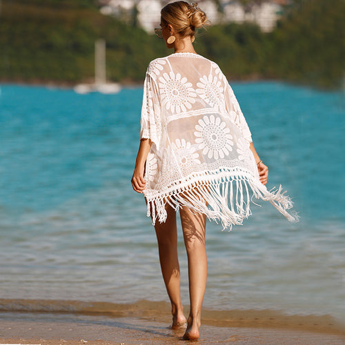 Damen Häkel-Strandüberwurfkleid mit fransigem Saum und floralem Design R&B