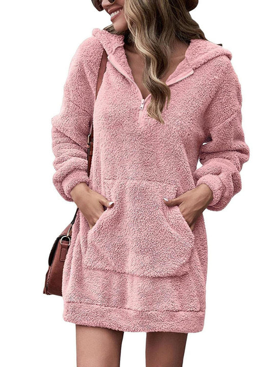 Damen Kuscheliger Hoodie-Kleid mit praktischen Taschen und halben Reißverschluss R&B
