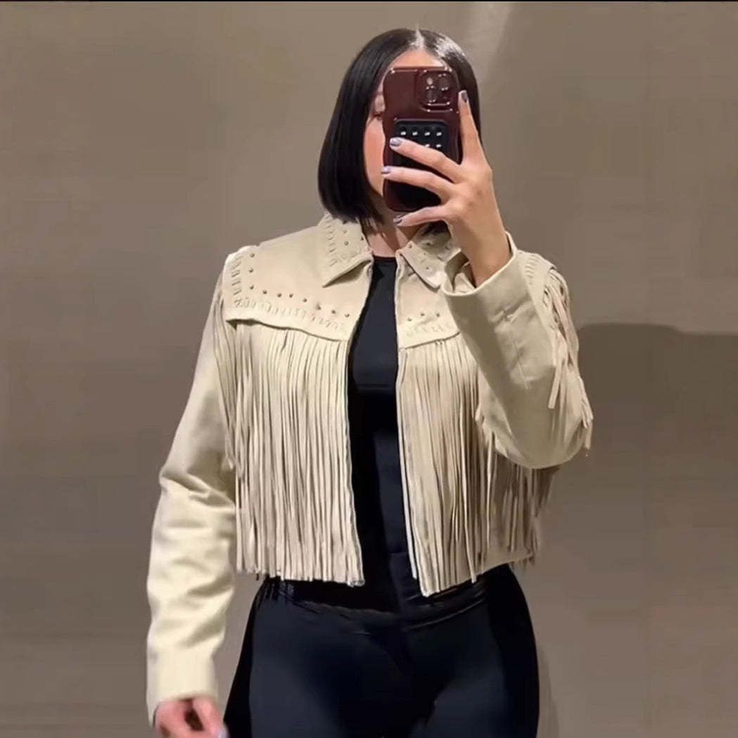 Damen modische Fransenjacke mit dekorativen Nieten R&B