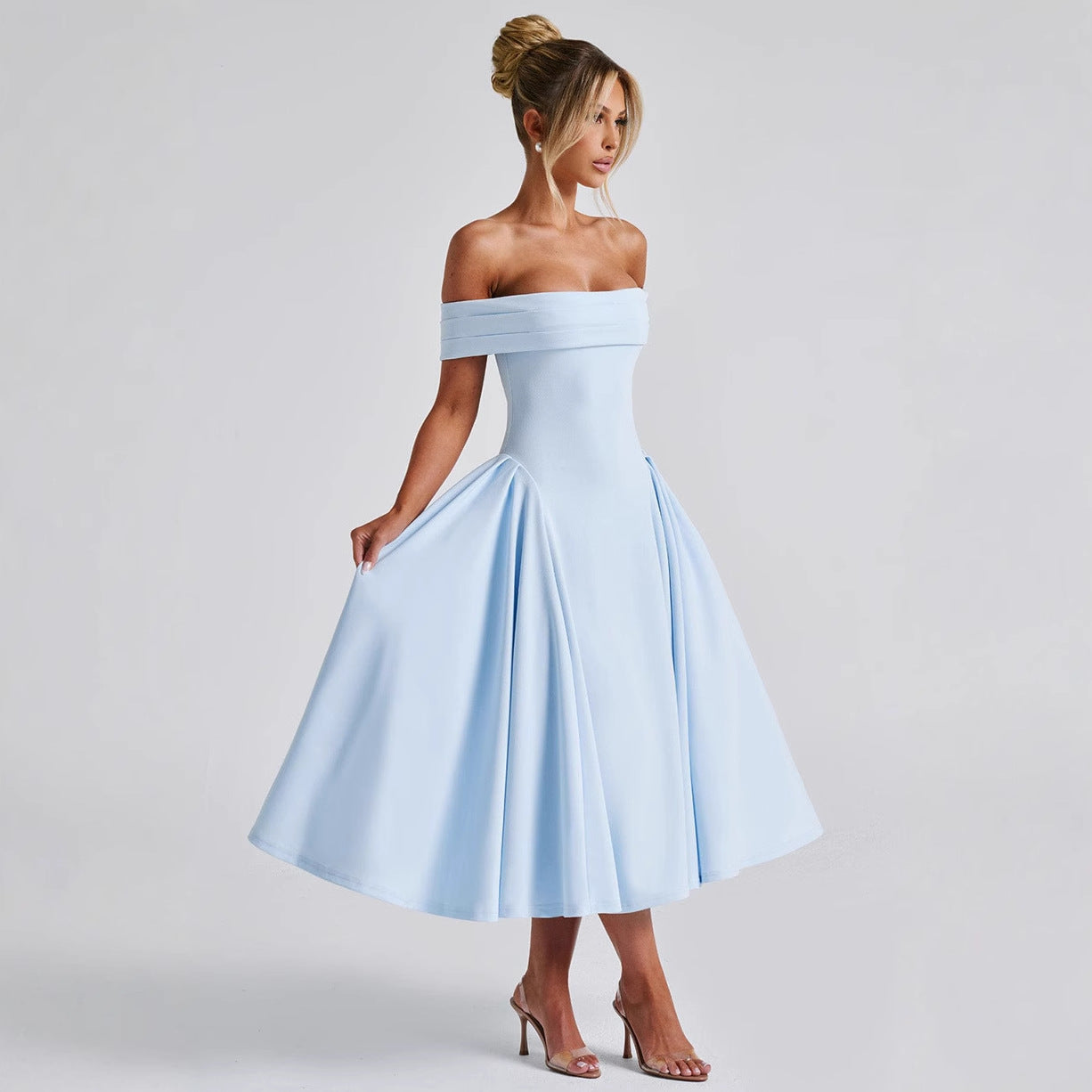 Damen Cocktailkleid mit schulterfreiem Design und voluminösem Rock R&B