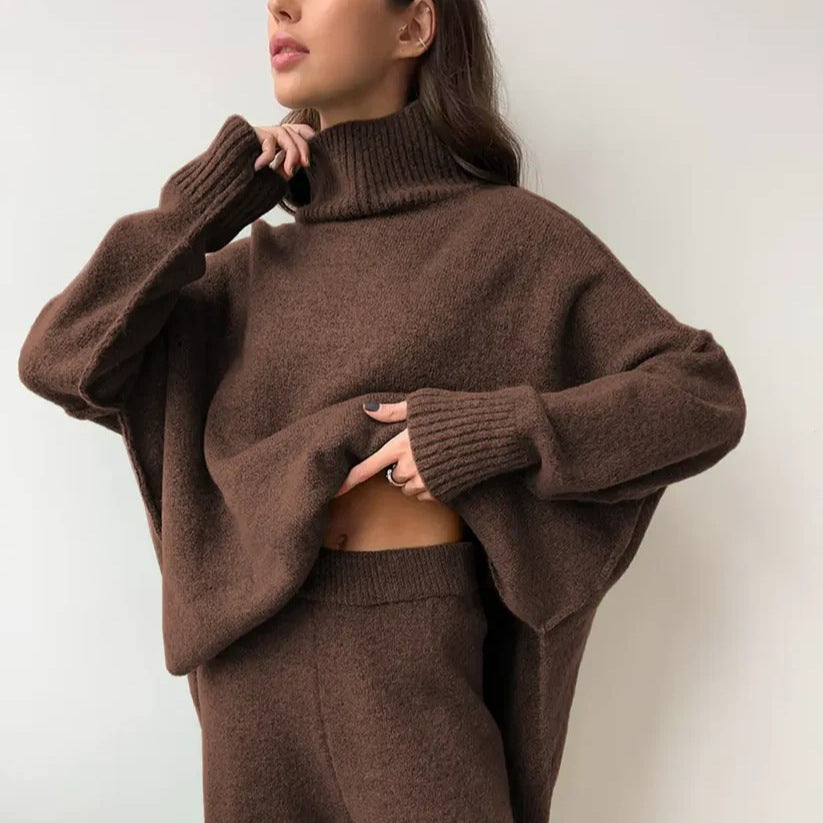 Damen Gemütliches Strickensemble mit hohem Kragen und weit geschnittenen Hosen R&B