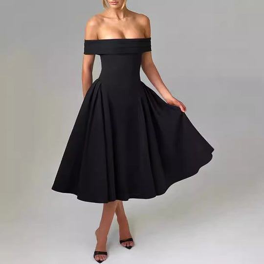 Damen Elegantes Off-Shoulder Midikleid mit ausladenden Falten und Taschen R&B