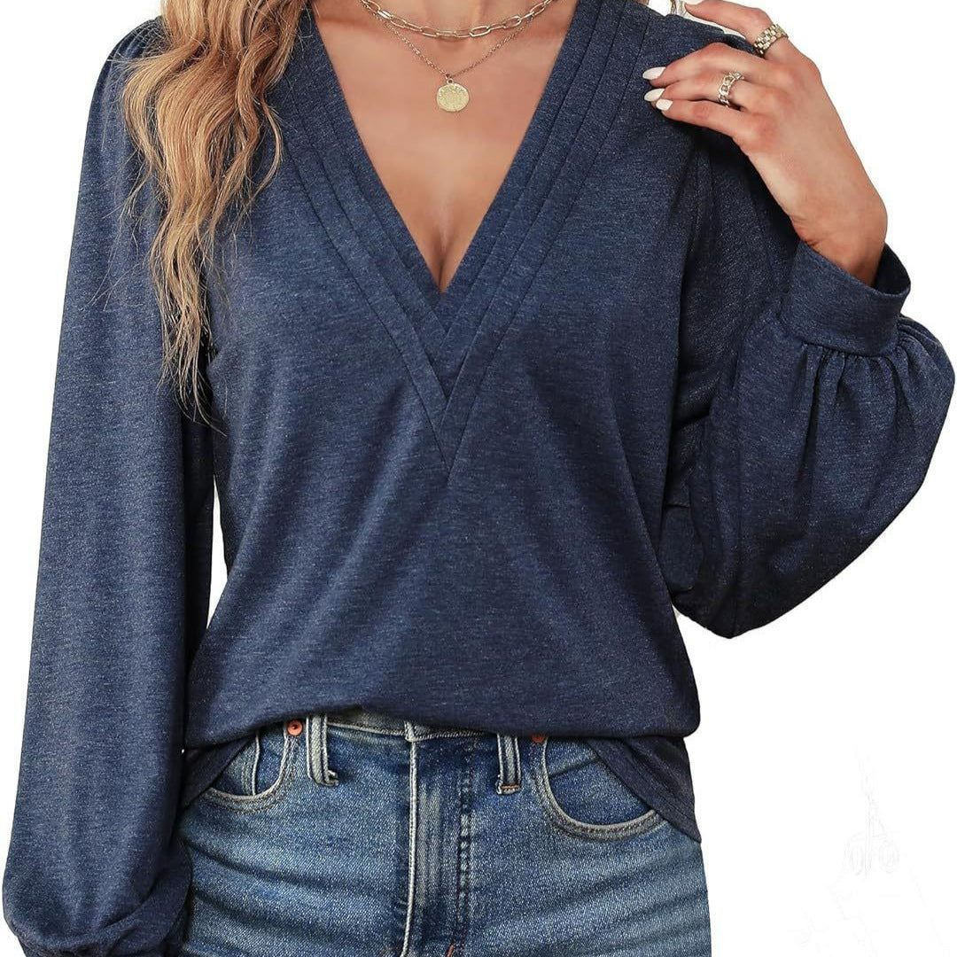Damen Elegantes Blusenshirt mit V-Ausschnitt und puffförmigen Ärmeln R&B