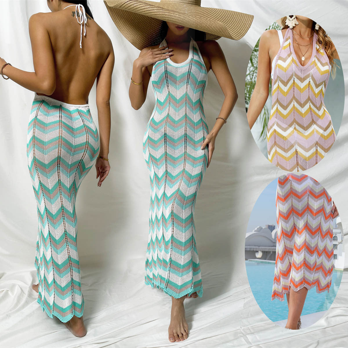 Damen Häkel-Maxikleid mit Chevron-Muster R&B