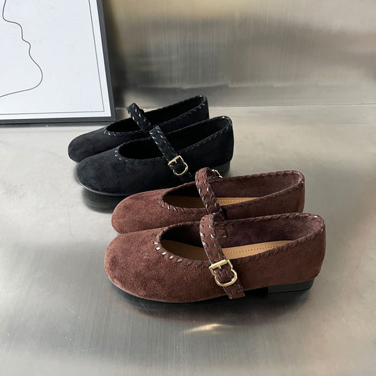 Damen elegante Ballerinas mit geflochtenem Riemen und hochwertiger Veloursoberfläche R&B