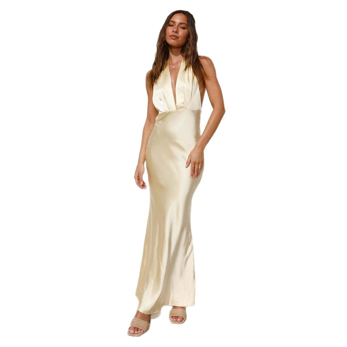 Damen Elegantes Wickelkleid mit schimmerndem Satin-Oberteil und tiefem V-Ausschnitt R&B