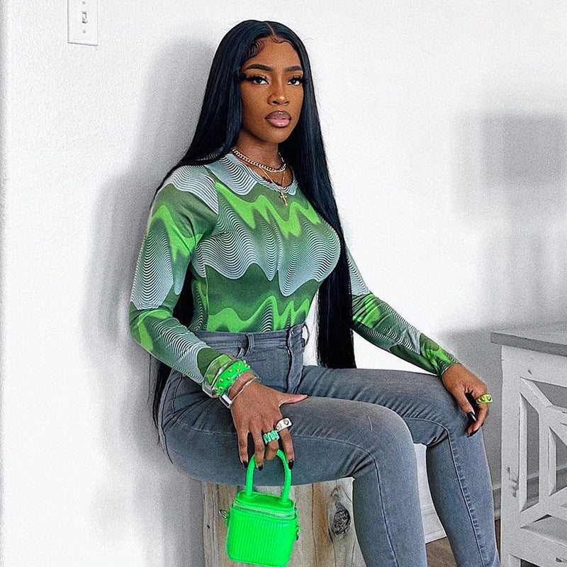 Damen Langarm Bodysuit mit modernem Wellendesign R&B