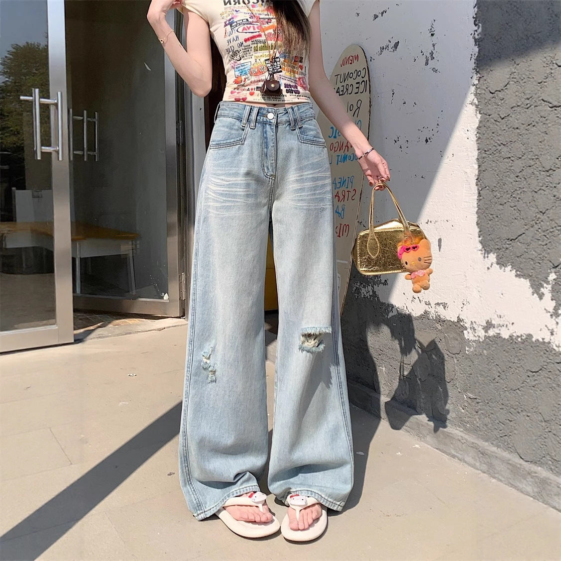 Damen Weite Denim-Jeans im lässigen Vintage-Stil mit modischen Rissen R&B