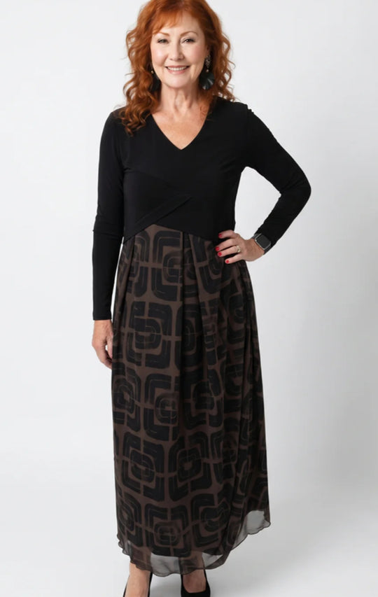 Damen nan V-Ausschnitt Maxikleid mit tailliertem Wickeloberteil und transparentem gemustertem Overlayrock R&B