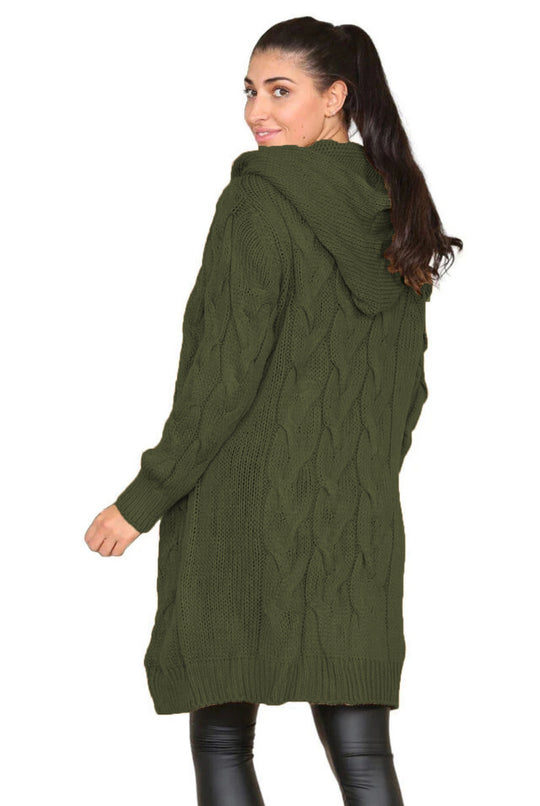 Damen Langer Strickmantel mit elegantem Zopfmuster und Kapuze R&B