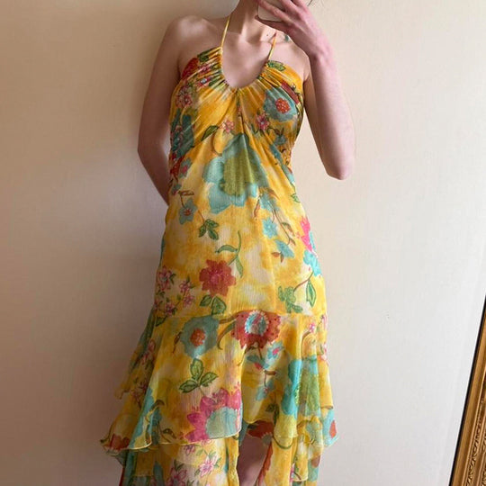 Damen fließendes Maxi-Kleid mit Blumenmuster und Rüschen R&B