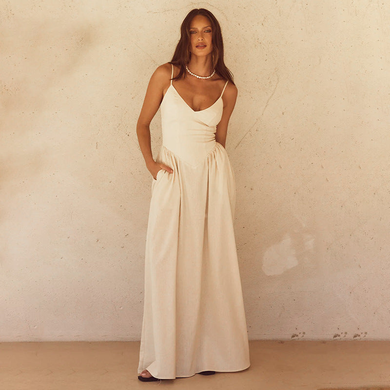 Damen elegantes Maxikleid mit zartem V-Ausschnitt und fließendem Rock R&B