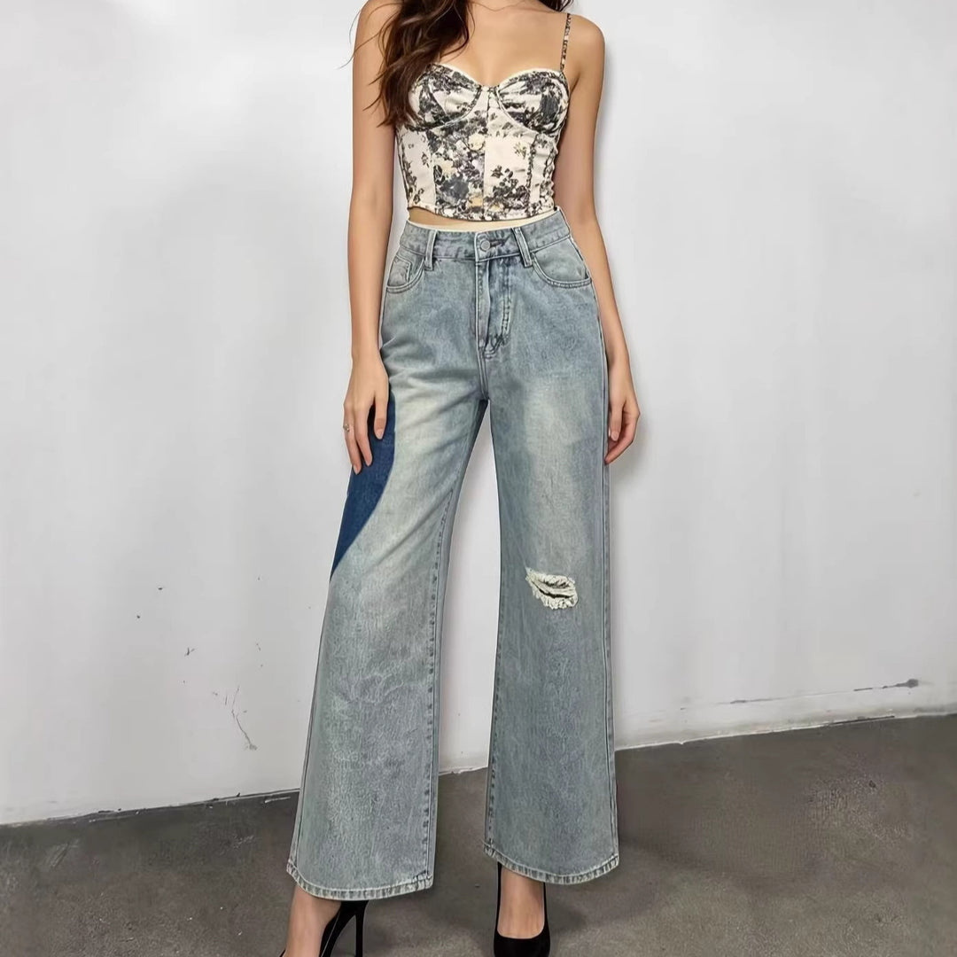 Damen weit geschnittene Denim-Jeans mit einzigartigen Farbakzenten R&B