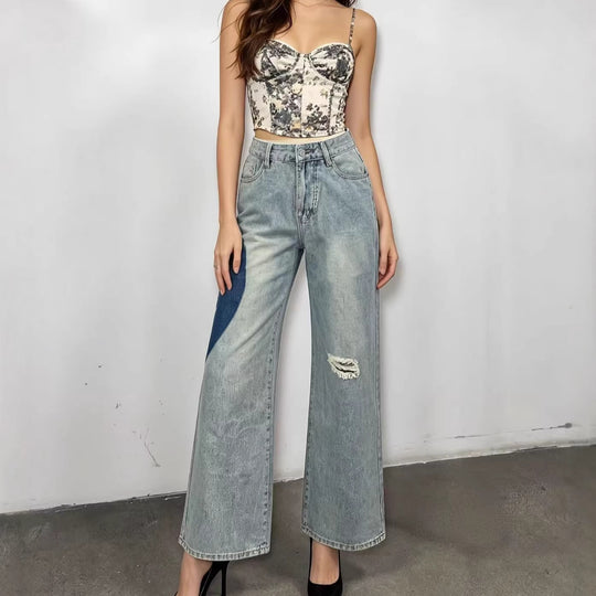 Damen weit geschnittene Denim-Jeans mit einzigartigen Farbakzenten R&B