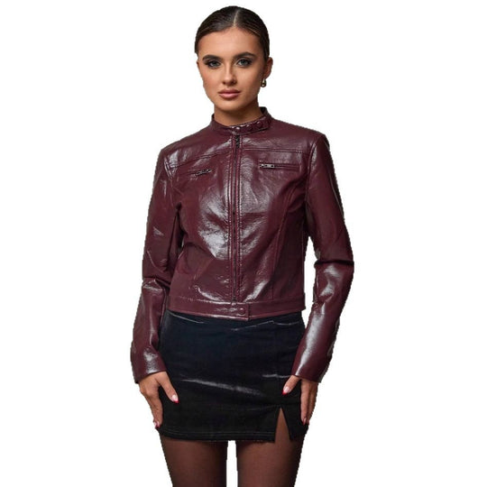 Damen Kurze Kunstlederjacke mit asymmetrischem Schnitt R&B