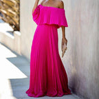 Damen Maxikleid mit asymmetrischem Plisseefall und schulterfreiem Design R&B