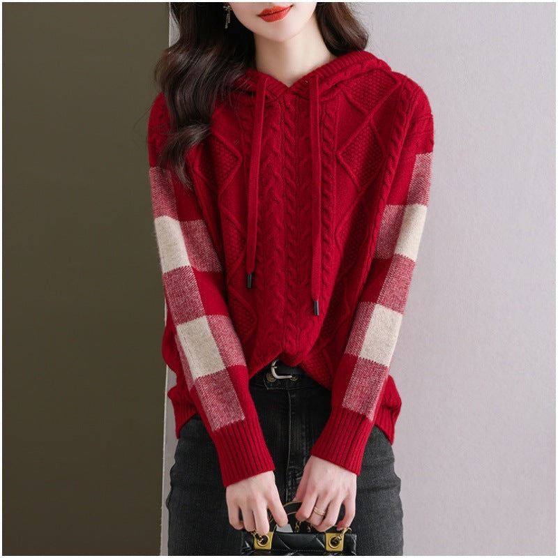 Damen Strickpullover mit Kapuze und modischem Karomuster R&B
