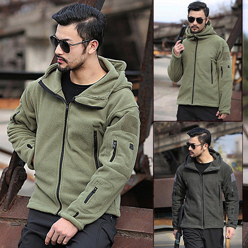 Herren Fleecejacke mit mehrfachen Taschen und verstellbarem Kapuzenkragen R&B