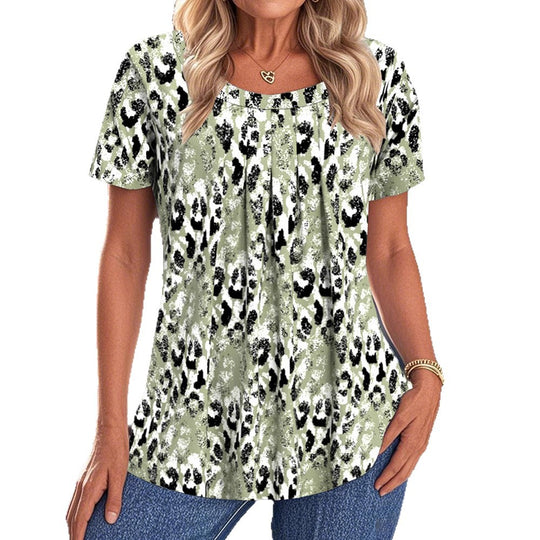 Damen Kurzarm Blusenshirt mit kreativen Animal-Print Akzenten Heidi-Mode