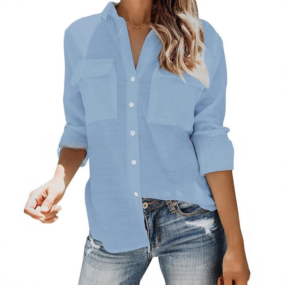 Damen leichte Sommerbluse mit zwei Brusttaschen und aufgerollten Ärmeln R&B