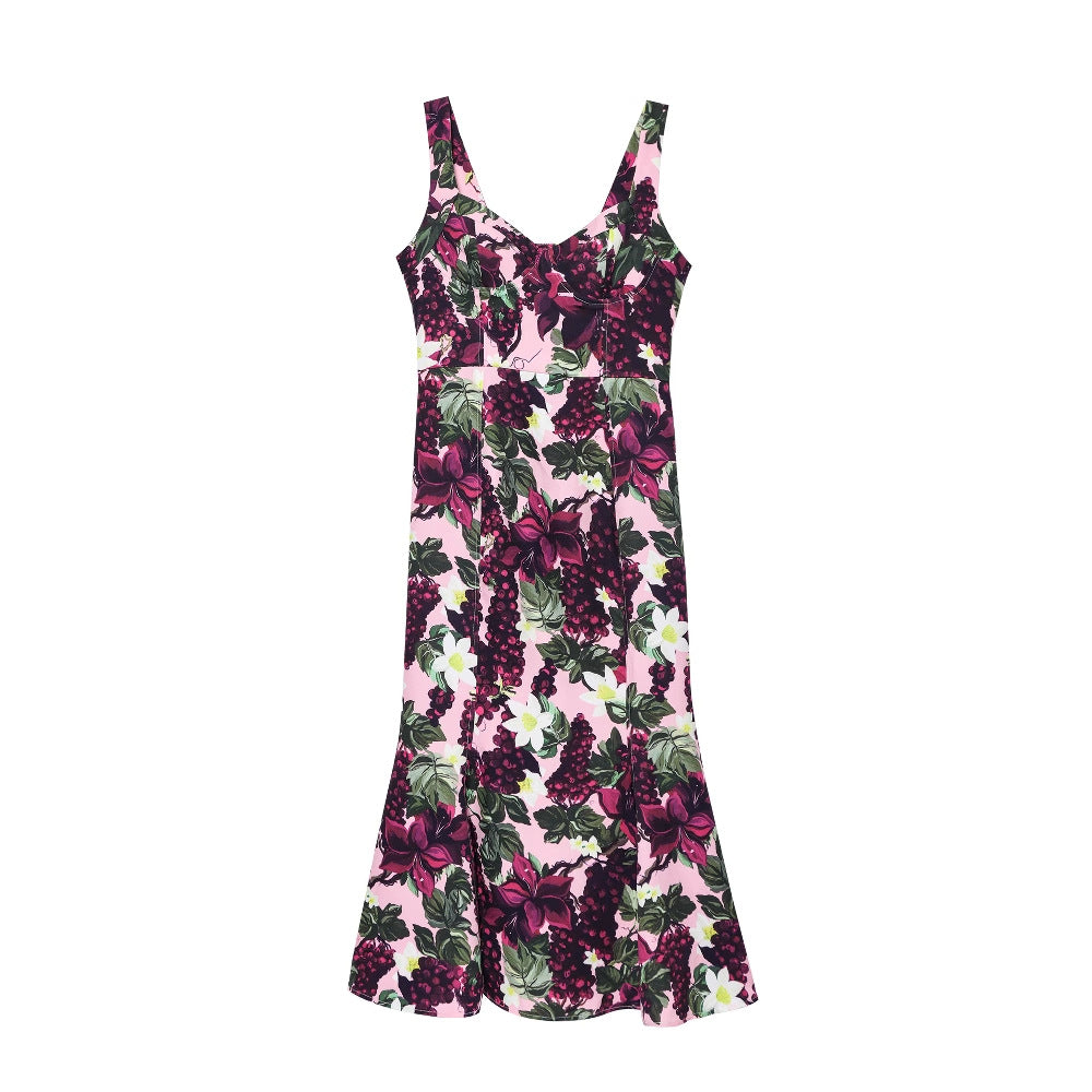 Damen Maxikleid im floralen Design mit schwingendem Saum und tiefem V-Ausschnitt R&B