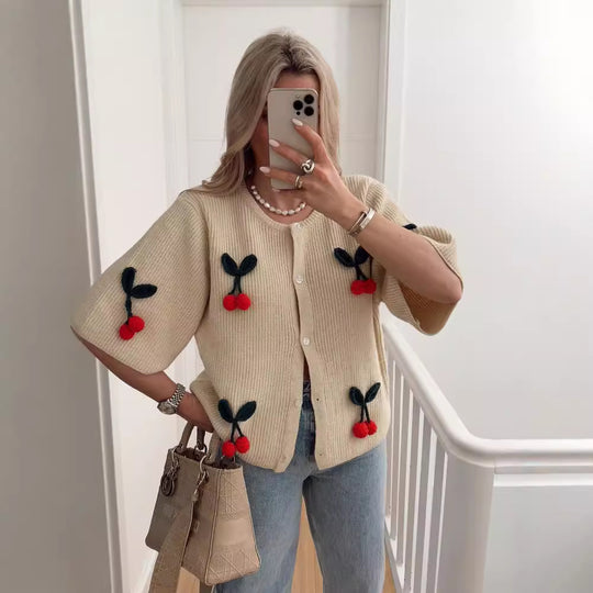 Damen lässiger und gestreifter Strickcardigan mit reizendem Kirschmuster R&B