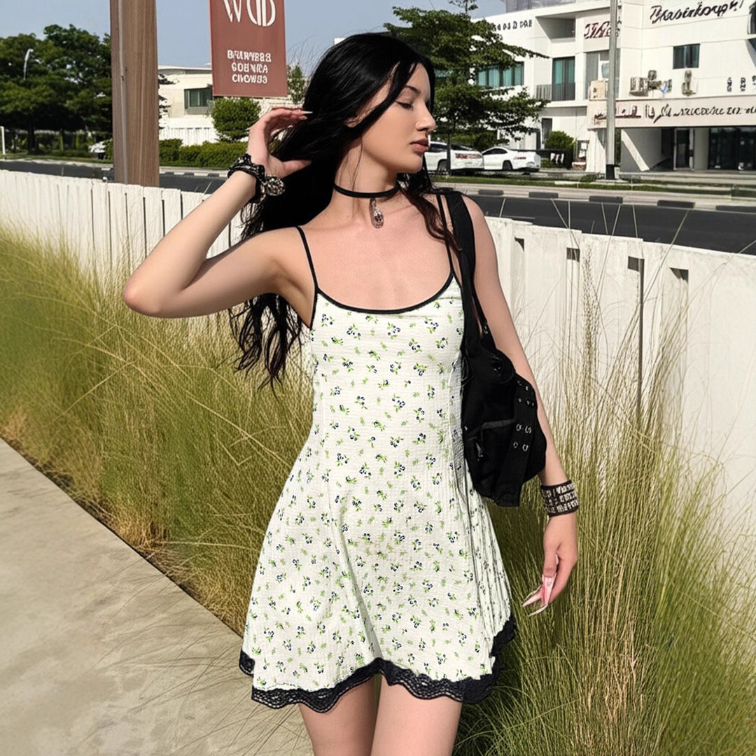 Damen Sommerliches Spaghetti-Trägerkleid mit floralen Mustern und Spitzenbesatz R&B