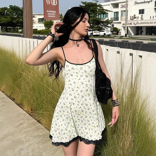 Damen Sommerliches Spaghetti-Trägerkleid mit floralen Mustern und Spitzenbesatz R&B