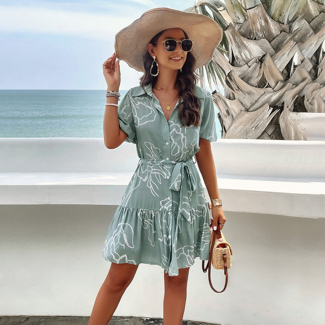 Damen Sommerliches Kleid mit Wellenmuster und Taillengürtel R&B
