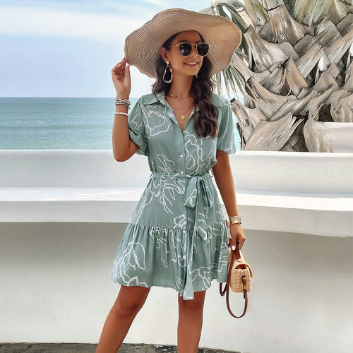 Damen Sommerliches Kleid mit Wellenmuster und Taillengürtel R&B