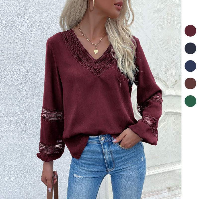 Damen Hemdbluse mit Spitzenakzenten und modernem V-Ausschnitt R&B